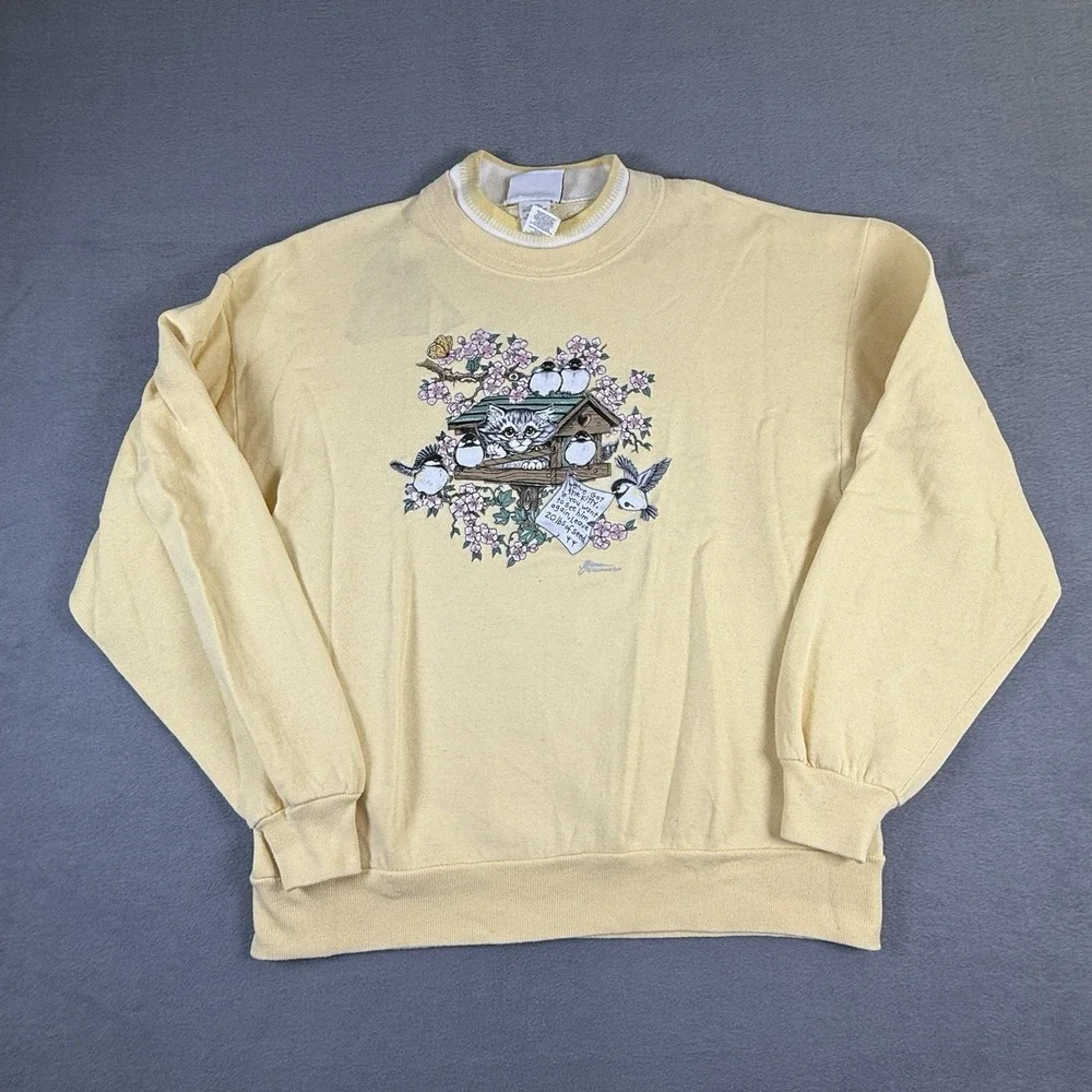 Vintage Morning Sun Sweatshirt Yellow Size‎ Large Birds Cat Grandmacore